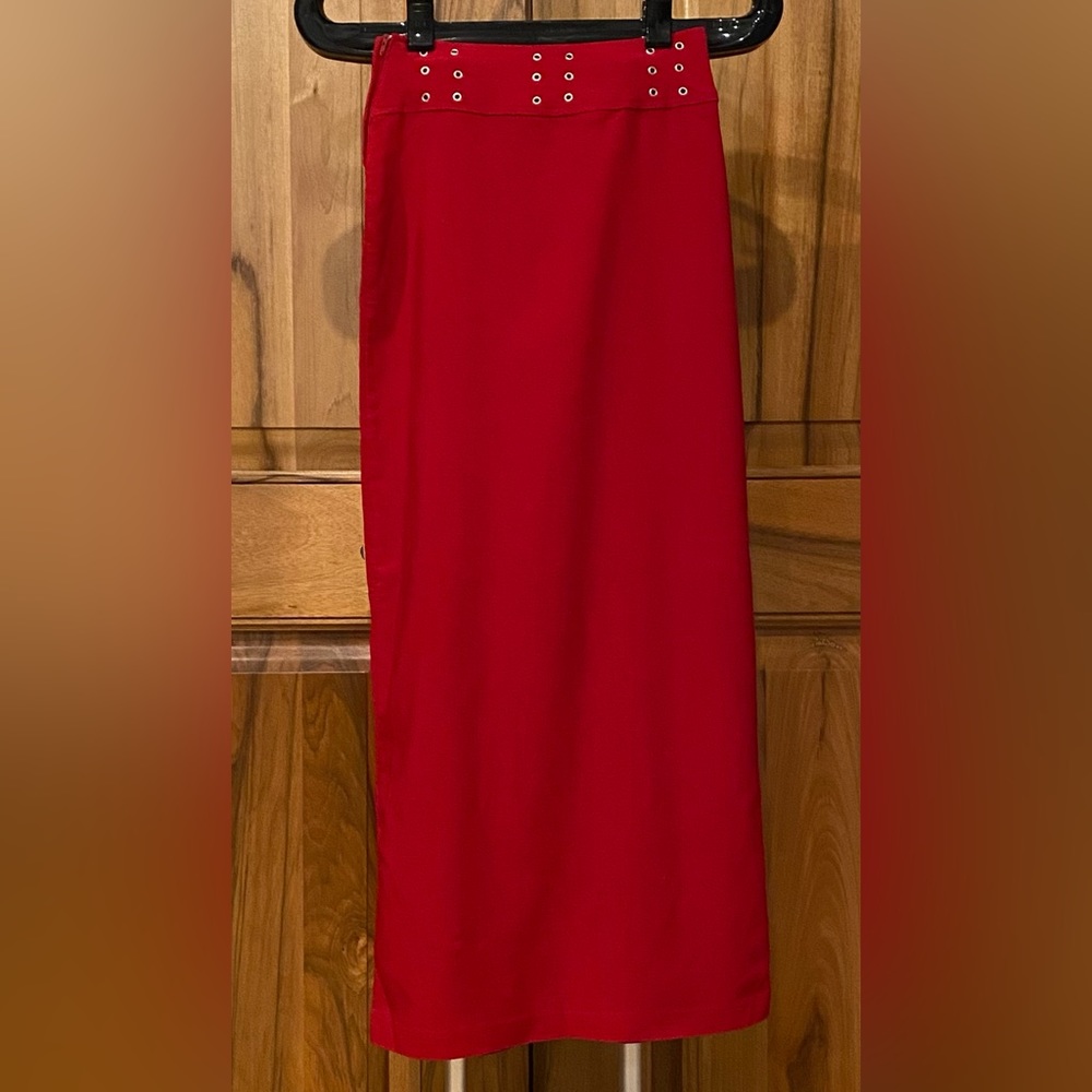 Rave Stretch - Long Red Bodycon Skirt/Peekaboo Grommet Waist Details - EUC - XS